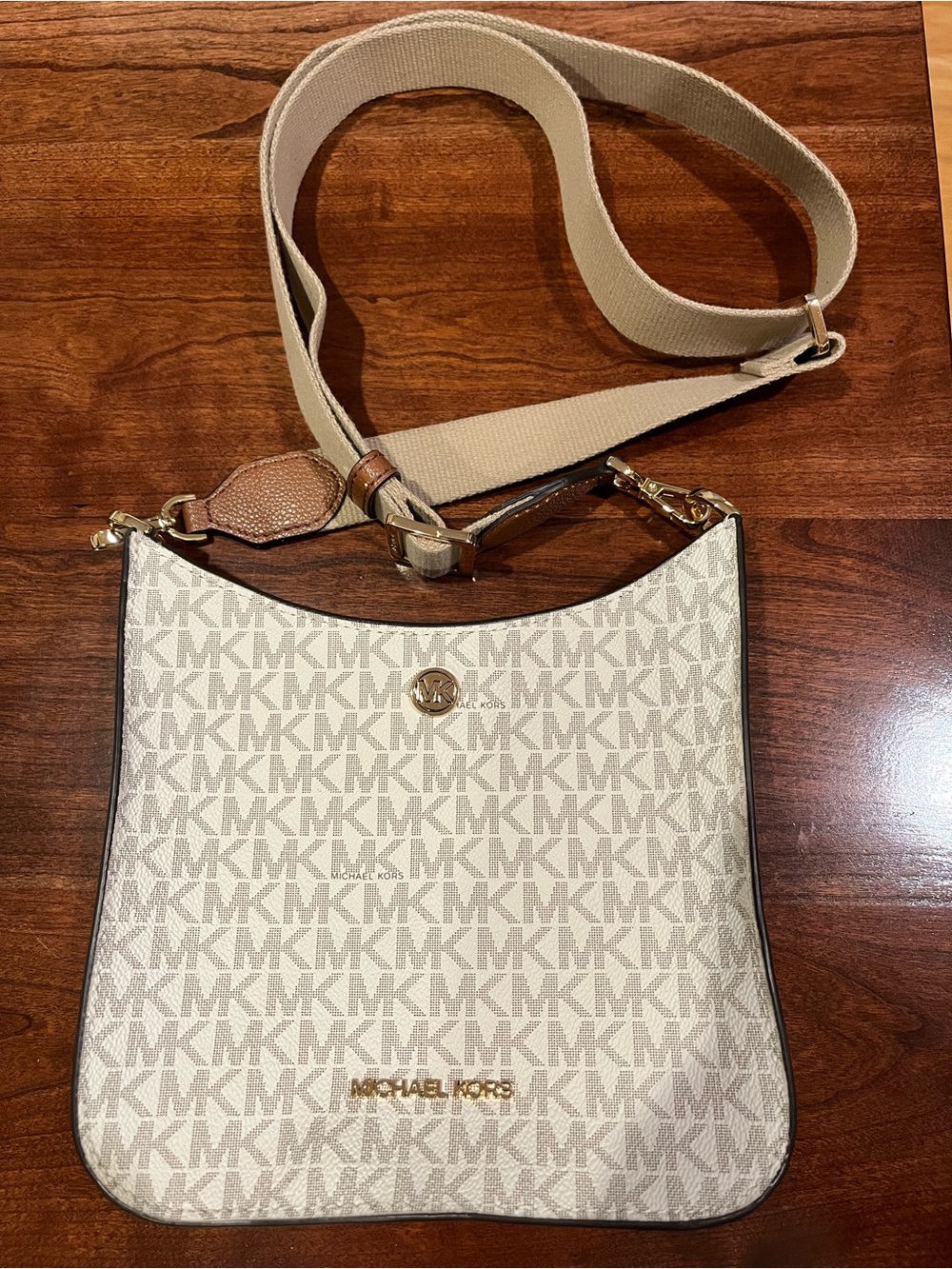 Michael Kors Beige MK Signature Crossbody with Gold Hardware